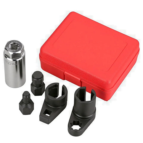 Master Crafted Five Piece O2 Oxygen Sensor Socket Kit With Offset 6 Point Low Profile Head And Sharp Thread Chaser For No Sweat Exhaust Removal In Grease Monkey Friendly Tight Spots Using Any Standard Ratchet, with red case and multiple socket sizes.