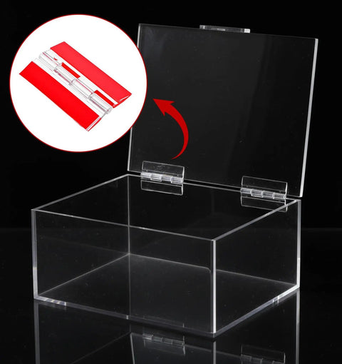 Clear Acrylic Self Adhesive Hinges 2.5 By 1.5 Inch 4 Pack For Crafts Aquarium Lids And Furniture Transparent Continuous Piano Hinge in use on a box.