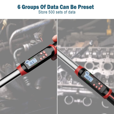 Pro Grade Half Inch Digital Torque Wrench With Angle And Preset Memory showing data storage and digital display