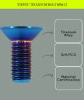 Badass Corrosion Resistant M5 Titanium Countersunk Flat Head Screws M5x12mm Burnt Blue visible from side showing threads and head design.