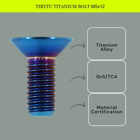 Badass Corrosion Resistant M5 Titanium Countersunk Flat Head Screws M5x12mm Burnt Blue visible from side showing threads and head design.