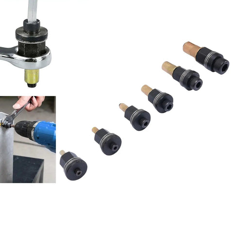 Six Piece Carbon Steel Rivet Nut Tool Set With M3 M4 M5 M6 M8 M10 Heads Handy Manual Riveting Gun For Tight Spaces Industrial And Furniture Assembly Kit With Storage Boxes showing various tool heads and a drill in action.
