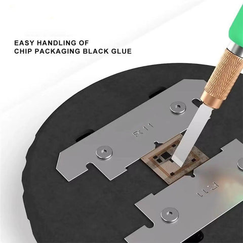 360 Degree High Temperature Rotatable Chip Fixture for mobile motherboards repair shown securing a small circuit board for soldering.