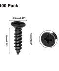 Premium Black Flat Head Phillips Wood Screws, 100 Pack Carbon Steel Fasteners, size 8 by five eighth inch, detailed dimensions shown.