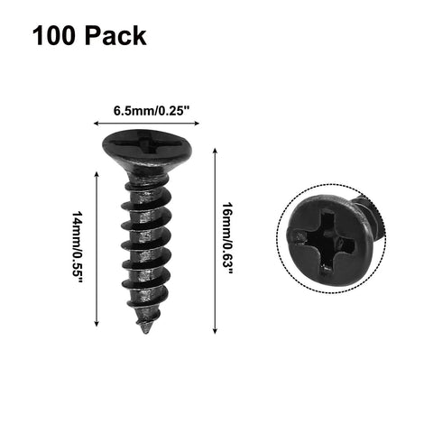 Premium Black Flat Head Phillips Wood Screws, 100 Pack Carbon Steel Fasteners, size 8 by five eighth inch, detailed dimensions shown.