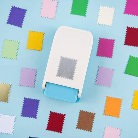 Lever Action Postage Stamp Punch 1x0.8 Inch Rectangular Stamp Shaped Paper Punch For Scrapbooking Card Making Journaling And Crafting Durable Craft Cutter For DIY Projects And Handmade Cards on blue background with colorful punched paper shapes.