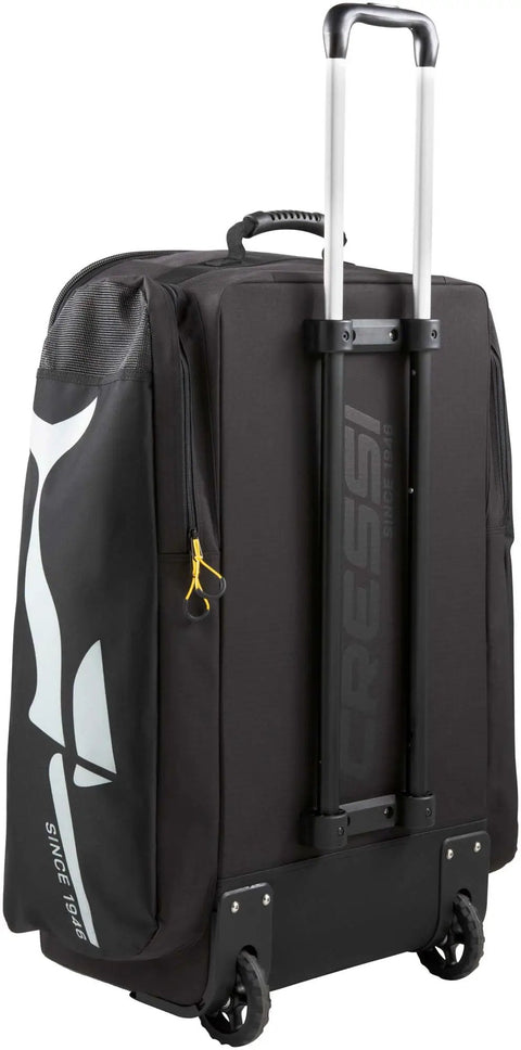 Moby 3 100L Large Capacity Roller Luggage Bag With Backpack Straps For Easy Travel Access 3 Sided Opening And Dual Side Fin Pockets Built Tough Italian Designed Gear, showing rear wheels and extended handle