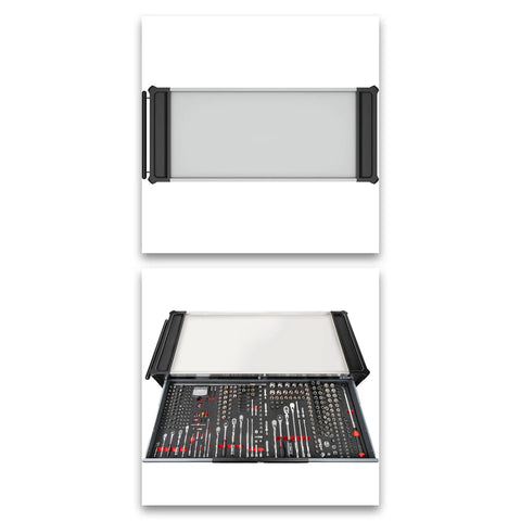 Extra Big Heavy Duty Beefy Rolling Tool Cabinet With Stainless Steel Workbench Top Includes 929 Piece Professional Socket Wrench Set open drawer view.