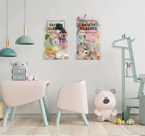 Sturdy Acrylic Safety Glasses Case and Goggles Organizer for Industrial Dental and Laboratory Environments on wall in kids room.