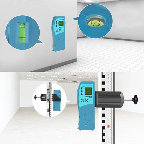 Laser Level Receiver For Red And Green Pulsed Beams With Three Sided Smart LED Displays Adjustable Speaker Two Sided Bubble Vial Clamp Included Detects Pulsed Red And Green Beams Up To 200 Feet in a measuring setup.