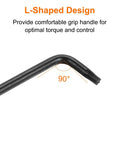 5 Piece T25 Security Tamper Proof Torx Star Bit Set With Long Arm L Shaped Wrenches For Automotive And Home Repairs In Carbon Steel Black Finish Durable Carbon Steel Construction With Black Oxide Finish For Extra Strength And Corrosion Resistance. L-shaped 90-degree T25 tamper-proof Torx bit, black oxide finish