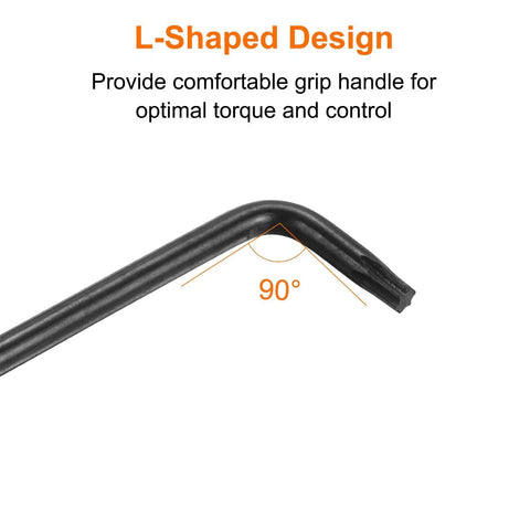 5 Piece T25 Security Tamper Proof Torx Star Bit Set With Long Arm L Shaped Wrenches For Automotive And Home Repairs In Carbon Steel Black Finish Durable Carbon Steel Construction With Black Oxide Finish For Extra Strength And Corrosion Resistance. L-shaped 90-degree T25 tamper-proof Torx bit, black oxide finish