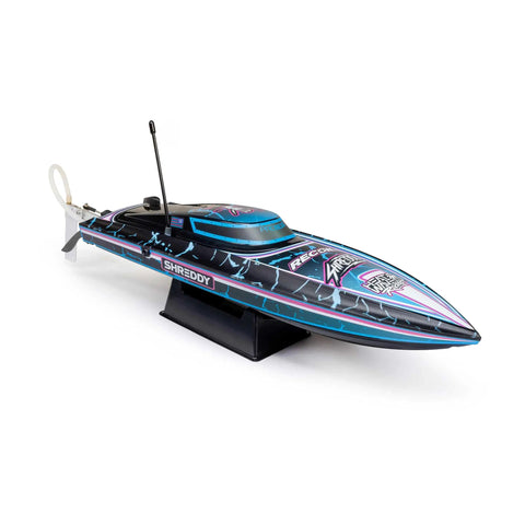 Recoil 2 18 Inch Brushless Shreddy RTR with Water-Cooled Motor and ESC Self-Righting Deep-V Hull on display stand