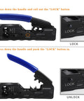 All In One RJ45 Ethernet Crimp Tool For Pass Through Connectors with blue handle showing lock and unlock instructions