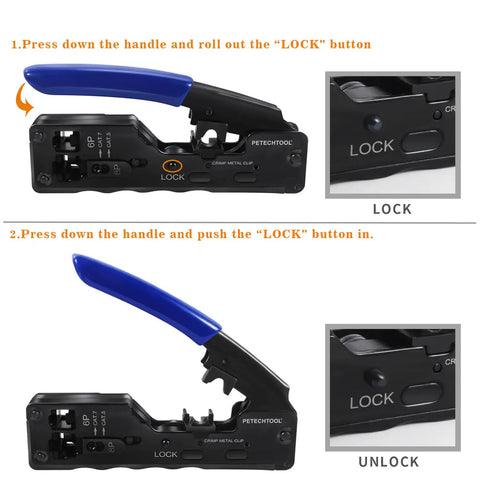 All In One RJ45 Ethernet Crimp Tool For Pass Through Connectors with blue handle showing lock and unlock instructions