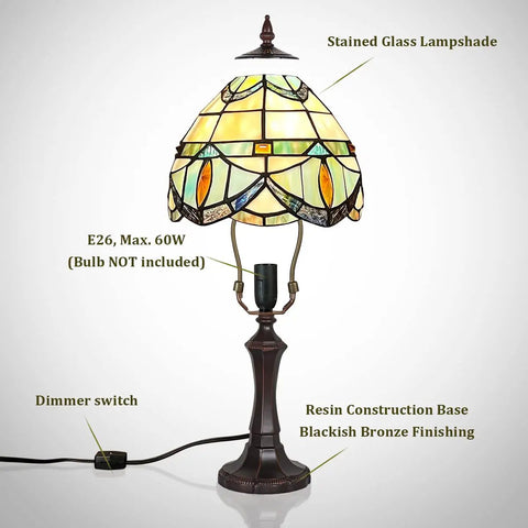 Cozy Tiffany Style Table Lamp with cream crystal stained glass shade, resin base, and dimmer switch, 8 inch, warm glow