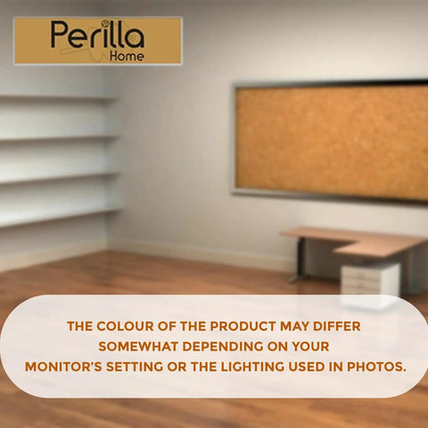 Room interior with shelves and desk, disclaimer text on product color variation, Perilla Home logo at top left
