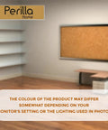 Empty room with shelves and notice board, Perilla Home branding, text about product color variation.