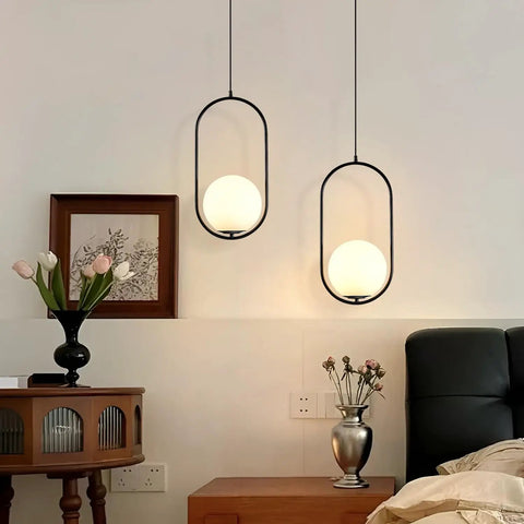 Modern Black Pendant Light With White Glass Globe Shade For Kitchen Island And Bedroom Matte Finish Ceiling Fixture