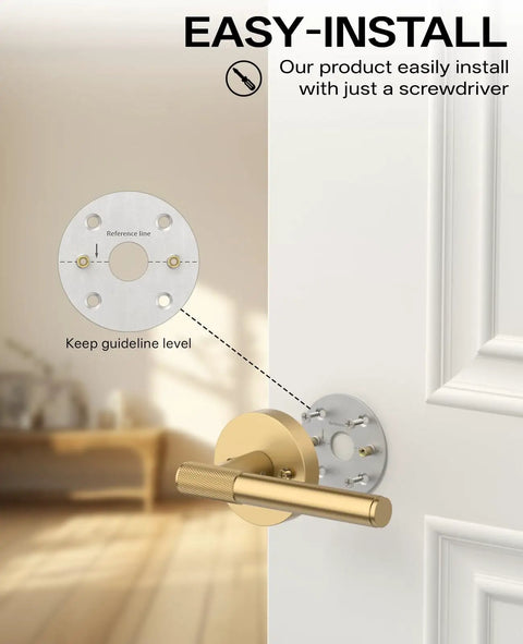 Two Pack Champagne Bronze Dummy Door Handles Set For Closets And Interior Doors Non Turning Lever With Knobs For French Doors Pantries And Double Doors Easy Install Classic Style That Pops In Any Room. champagne bronze dummy lever installed on white door with round plate