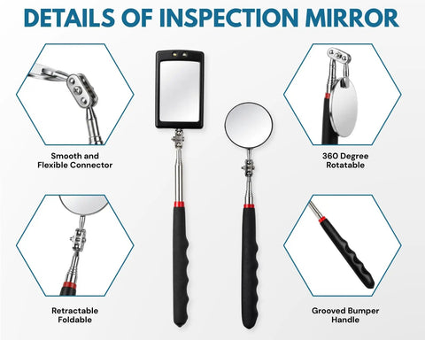 2 Pack Telescoping Inspection Mirror Set With LED Light, Flexible Round And Rectangular Heads, Extendable Automotive Inspection Tool For Under Car, Engine Bays, Ducts, And Tight Crevices, black handle