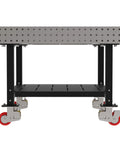 Shop Tough Mobile Welding Table 48 Inch Heavy Duty Work Bench Featuring Precision Hole Grid And Smooth Rolling Locking Casters Built Like A Brick For Heavy Jobs, viewed from the side with red casters.
