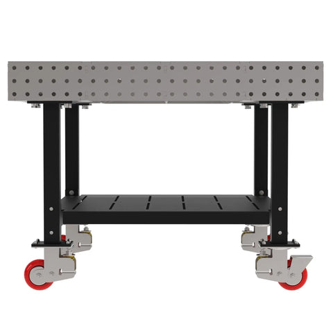 Shop Tough Mobile Welding Table 48 Inch Heavy Duty Work Bench Featuring Precision Hole Grid And Smooth Rolling Locking Casters Built Like A Brick For Heavy Jobs, viewed from the side with red casters.