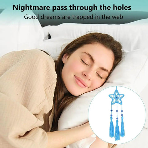 Woman sleeping next to a star-shaped ornament from DIY Dream Catcher Kit For Beginners 24 Piece Colorful Mini Ornament Making Set