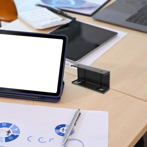 Slick Under Desk Laptop Mount With Adjustable Angle Plastic Shelf To Free Up Your Daily Desk Space Clean Keyboard Stand on a desk.