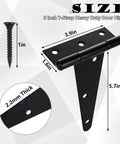 Six Pack 6 Inch T Strap Heavy Duty Gate Hinges For Barn Doors Fences Sheds And Wooden Gates Black Rustproof Tee Hinge Hardware With 36 Screws Ideal For Outdoor Gates Fences Barn Doors Cabinets And Wood Gate Projects showing size dimensions and screw