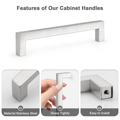 30 Pack Brushed Nickel Stainless Steel Kitchen Cabinet Pulls With Square Corner Bar Handles 5 Inch Hole Centers 5.5 Inch Total Length Features