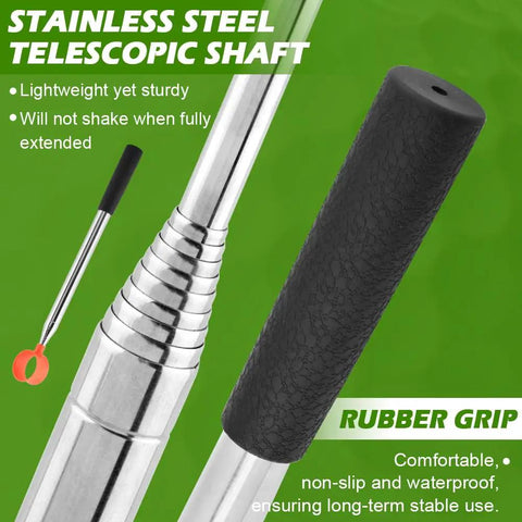 12ft Telescopic Golf Ball Retriever With Grabber, Stainless Steel Build, close-up of rubber grip handle and telescopic shaft