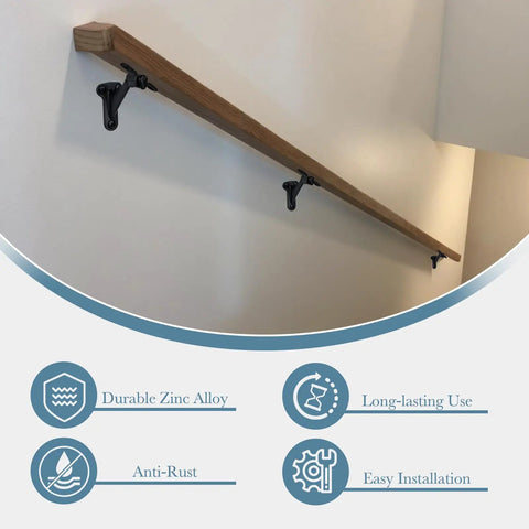 Heavy Duty Adjustable Handrail Brackets For Stairs Zinc Alloy Construction Matte Black Finish Indoor Outdoor Railing Support Holds Up To 330 Lbs Per Bracket Six Pack installed on a wall.