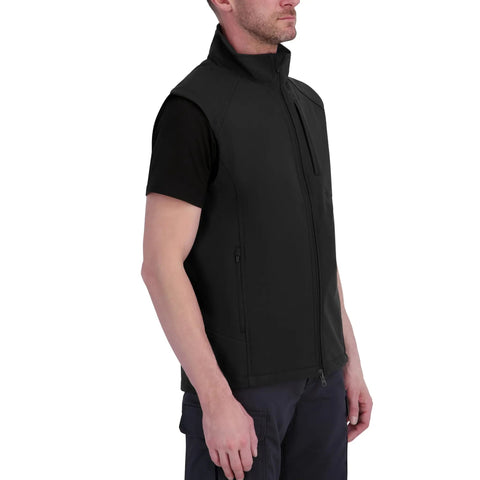 Men's Heavy Duty Softshell Vest With Smooth Four Way Stretch And Plush Fleece Lining, side view on model, water resistant, black.