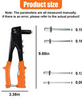 Rivet Gun Kit With Four Heads And 100 Rivets for metal, plastic, leather; hand riveter with sizes 9.88in and 3.39in shown