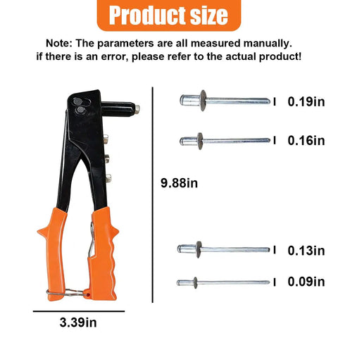 Rivet Gun Kit With Four Heads And 100 Rivets for metal, plastic, leather; hand riveter with sizes 9.88in and 3.39in shown