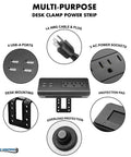 Slick Desk Clamp Power Strip With Four USB-A Ports And Three AC Outlets, features mounting clips and overload protection.