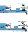 Blue mini desktop wood lathe with headstock chuck and tailstock, ejector pin locking handle