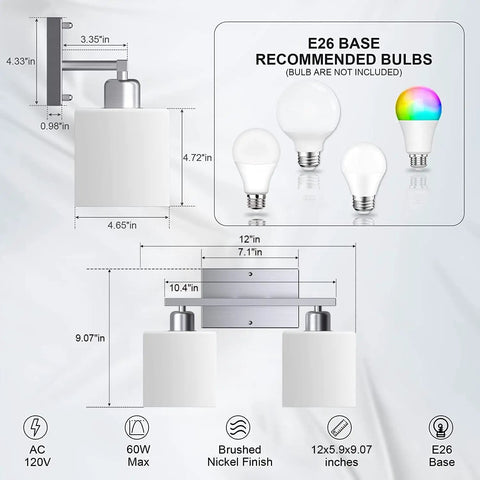 Diagram of Dope Vanity Light Fixture Over Mirror in Brushed Nickel With Modern Two Light Wall Sconces, dimensions and bulb specs shown