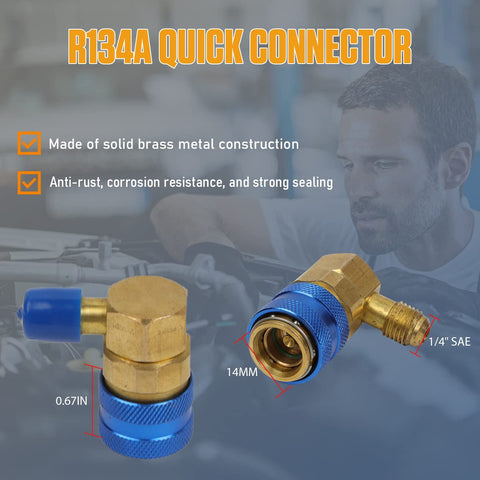 R134A quick connector for AC Dye And Oil Injector Kit, solid brass with blue snap quick coupler, shown with dimensions