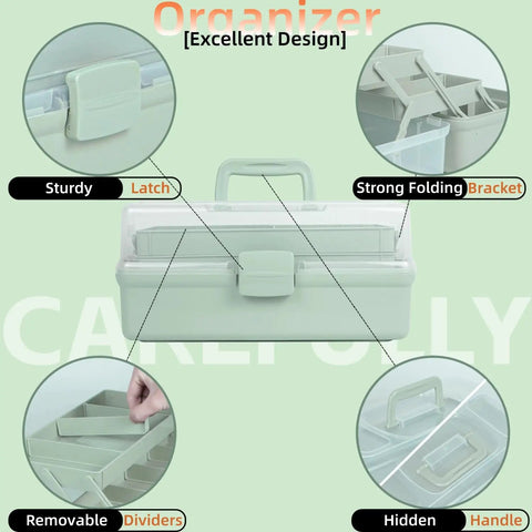 No Sweat Portable Craft Organizer Box With Adjustable Dividers For Tools Medicine Sewing Supplies Foldable Plastic Storage Container In Chill Haze Green Finish