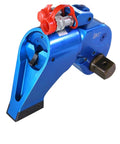 Badass Slick Hydraulic Torque Wrench Featuring Smart Three Quarter Inch Square Drive And Rock Solid Swivel Fittings For Effortless Bolt Tightening And Total No Sweat Operation, showing blue aluminum finish and hydraulic fittings.