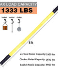 Beefy 2 Ton Rope Hoist Pulley Kit with 65 ft rope, yellow sling strap, showing load capacities and dimensions.