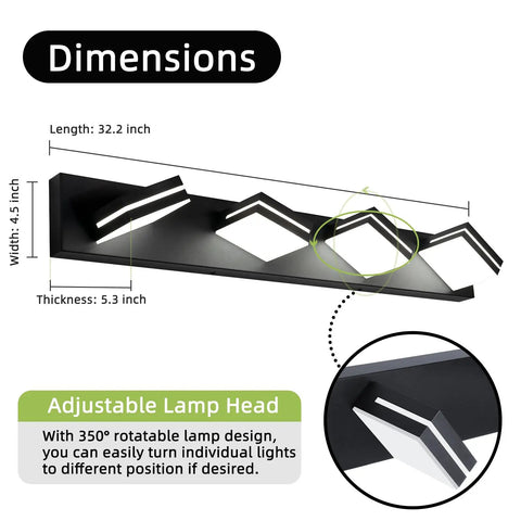 Dimensions of Four Light Matte Black Bathroom Vanity Light With 32W LED Dimmable Over Mirror, 350 Degree Rotatable Heads