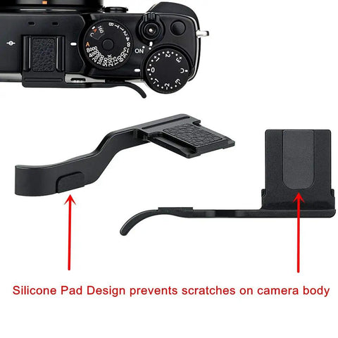 Close-up of Deluxe Metal Thumb Up Grip showing silicone pad for Fujifilm X Pro 3 X Pro 2 X Pro 1 with hot shoe mount and secure grip.