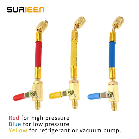 R134A R410A R22 R12 Air Conditioning Charging Hoses And Ball Valve Set With One Quarter Inch SAE Thread, color-coded red, yellow, and blue set of 3.