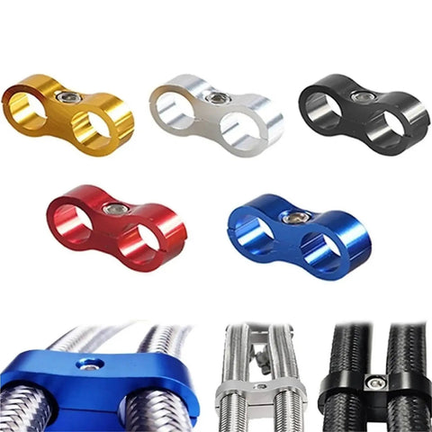 Top Notch 10 Piece AN4 An6 An8 And An10 Billet Aluminum Hose Clamp Separator Kit Perfect For Oil Fuel And Water Lines Keeping Your Rigs Tight And Leak-Free With Smooth Texture Grip. Anodized billet aluminum hose clamp separators in gold, silver, black, red and blue