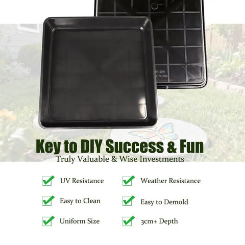 Six Piece Square Plastic Stepping Stone Molds For Concrete Pavers 12 By 12 Inch Deep 1.73in Reusable DIY Form Kit displayed with key features and benefits.