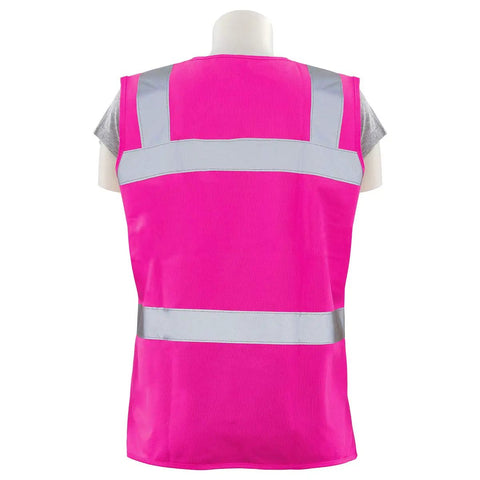 Back view of Ladies Hi Viz Pink Reflective Tricot Vest 3X Non ANSI Fitted With Contoured Waist And Two Exterior Pockets For Work