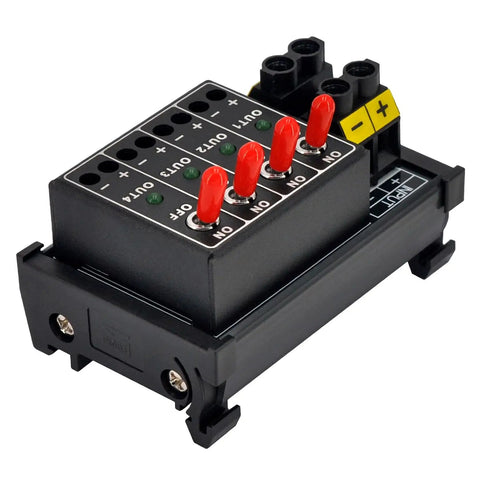 Four Channel Toggle Switch Power Distribution Module For DIN Rail Mount With LED On Off Indicators And DC Input Range Three To Thirty Two Volts Up To Thirty Amps Total Five Amps Per Channel Ideal For Industrial Control Panels